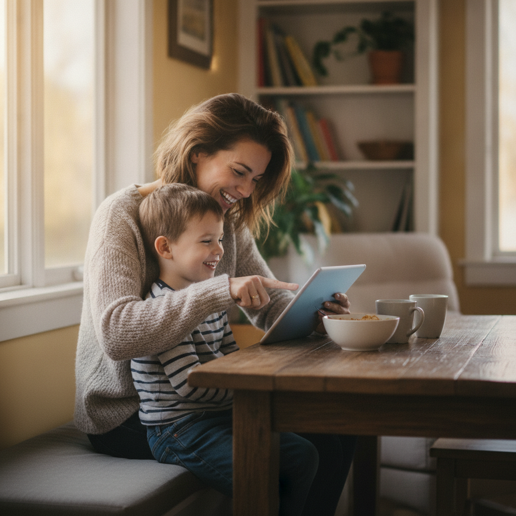 A mother and son sitting side by side, smiling while playing together on a tablet