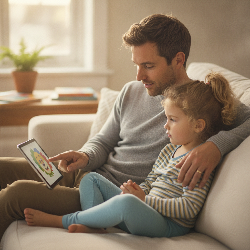 A father pointing at a paused tablet screen asking his daughter a question, she looks thoughtful