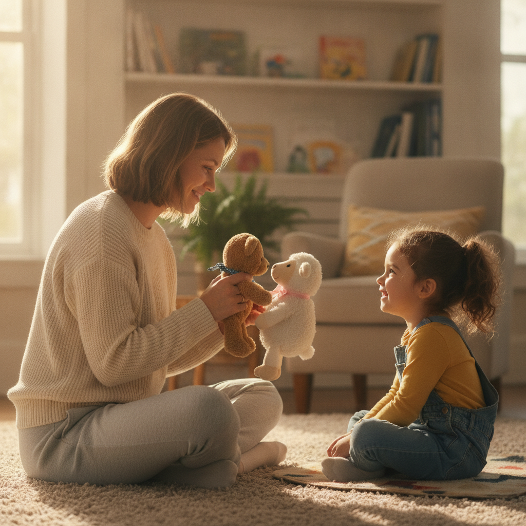 A parent sitting on the living room floor, voicing two stuffed animals greeting each other while their young daughter watches and smiles