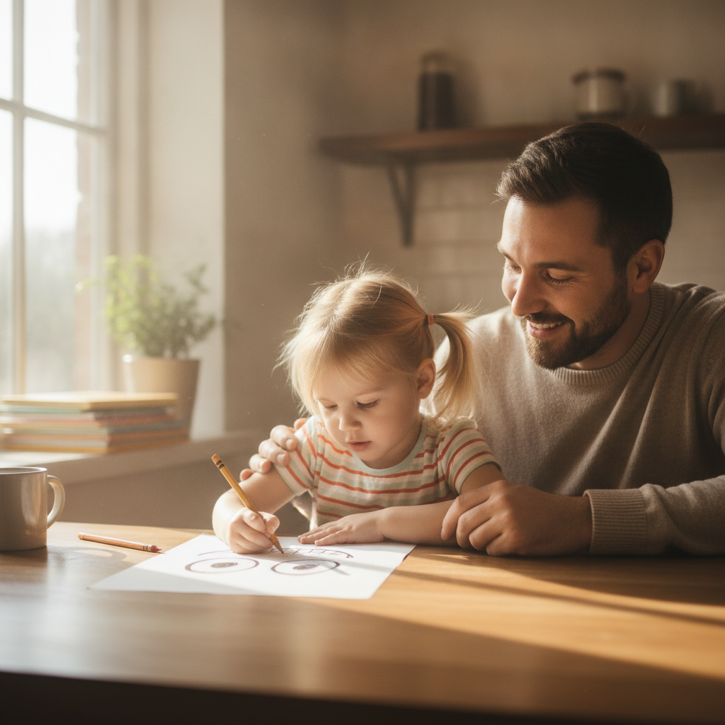 A young girl coloring a cheerful drawing at the kitchen table, her father sitting beside her smiling, warm afternoon light