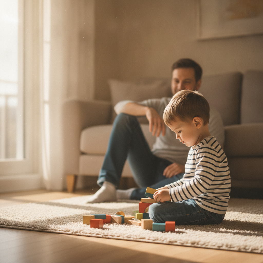 A father sitting nearby while his son plays independently on the floor at home, warm afternoon light
