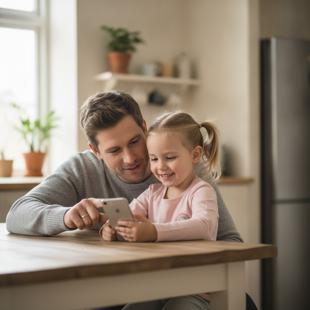 A parent helping a child use a phone safely