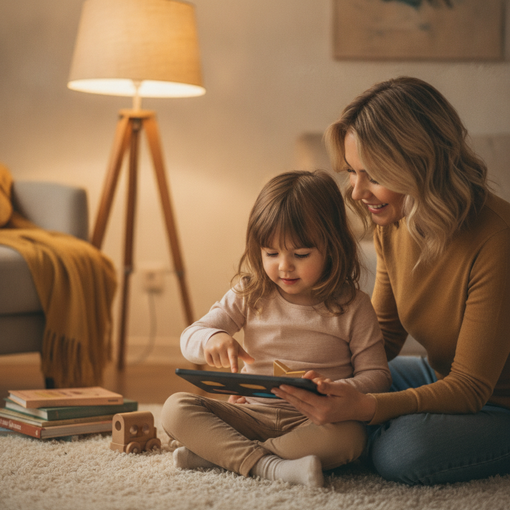A young girl sitting next to her mother playing a shape-matching game on a tablet in a cozy living room in the evening